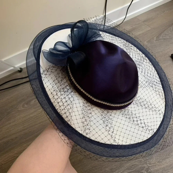 Womens Vintage 80s 90s Hat Wedding Navy Blue - Picture 1 of 3